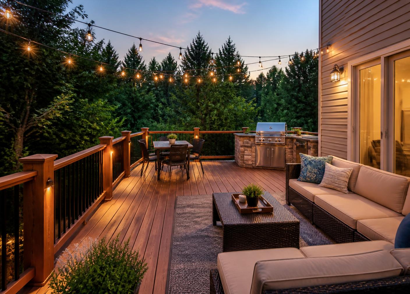 Warm finished deck with seating and evening lighting