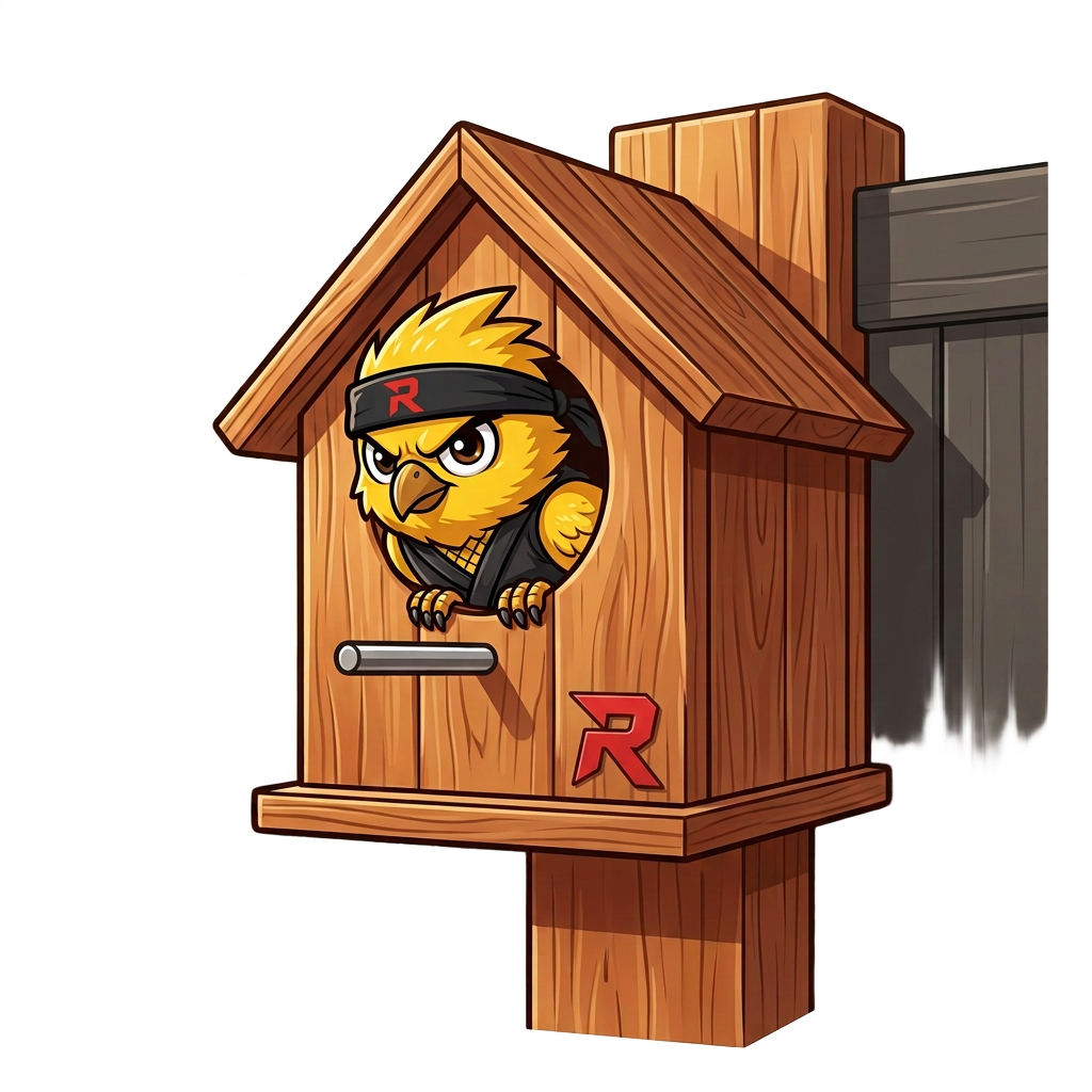 Cedar Revive birdhouse mounted beside a finished privacy fence with the yellow ninja bird peeking out