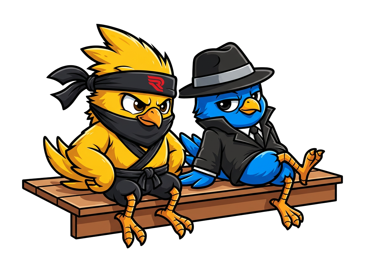 The Revive yellow ninja bird and blue spy bird relaxing on a deck
