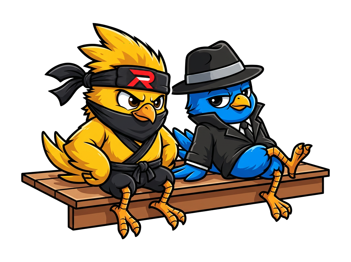The Revive yellow ninja bird and blue spy bird relaxing on a deck