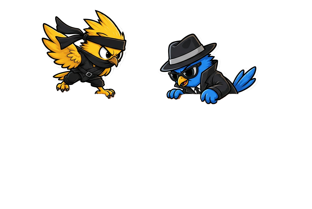 The Revive yellow ninja bird and blue spy bird on opposite sides of a privacy fence