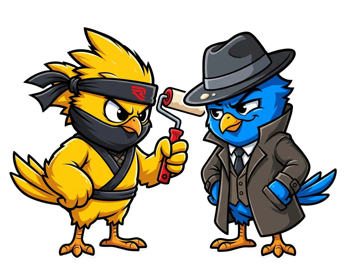 The Revive yellow ninja bird holding a paint roller beside the blue spy bird