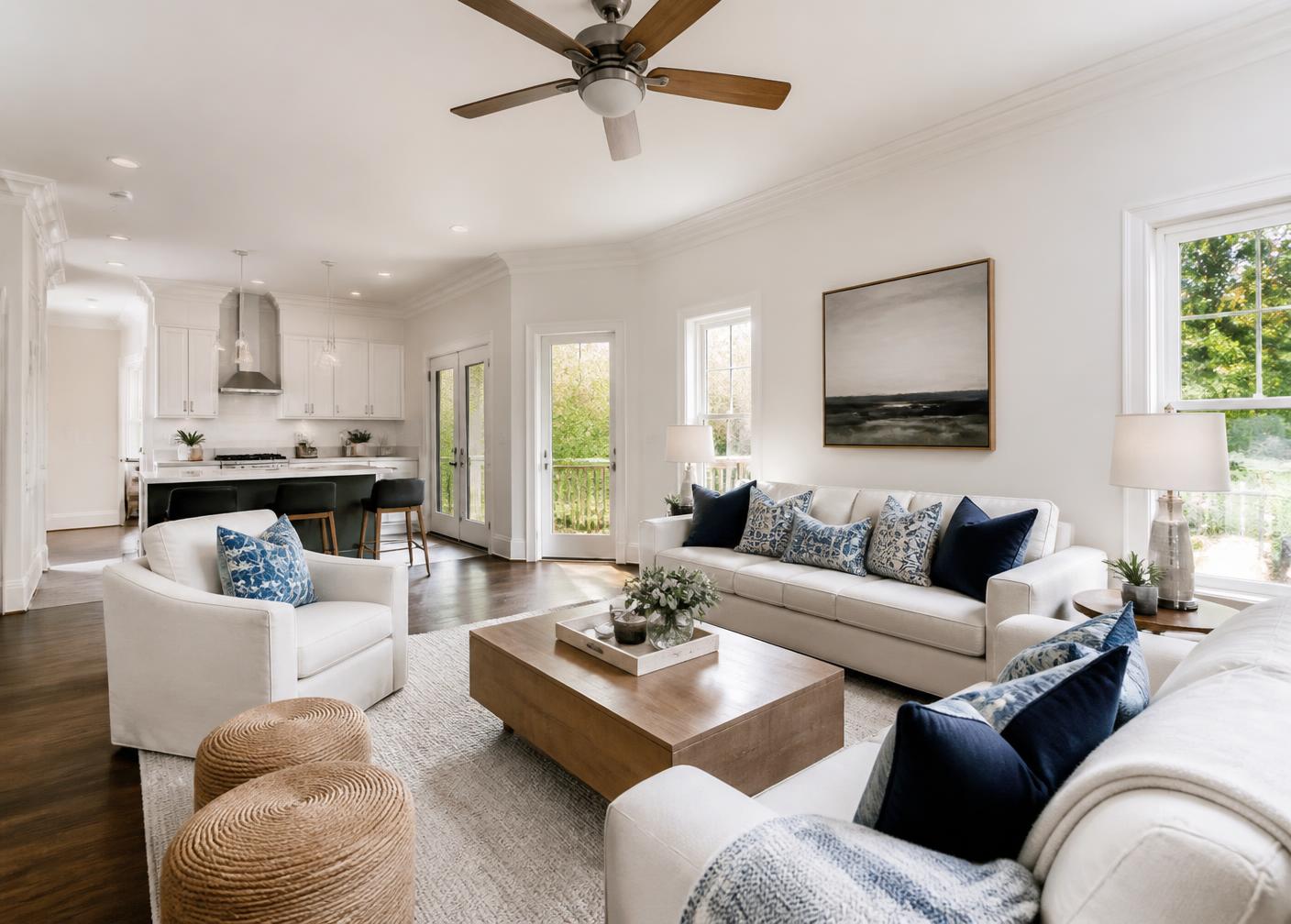 Bright freshly painted living room with clean trim
